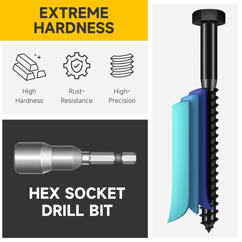 MYWISH 109Pcs 1/4" Hex Head Lag Screws Assortment Kit, Heavy Duty Lag Bolts with Washers, 304 Stainless Steel Bolts 18-8, 5-Size Wood Screws for Outdoor, Black Oxide 1/4 Bolt - Image 3